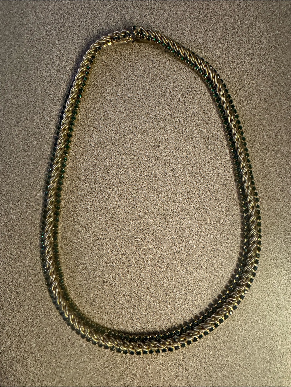 Elegant Gold-Tone Braided Rope Necklace with green rhinestones by Les Bernard